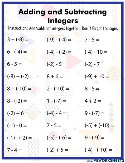 integer worksheets adding and subtracting